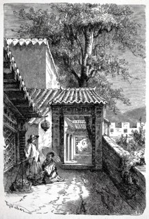 Entrance to a house in Ching-tscheu, Tsingtau, today Qingdao, around 1895, China, illustration,