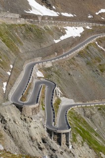 View of very steep mountain face with narrow serpentines hairpin bends from 2758 metres high