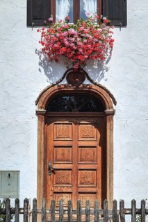 Front door, wood, traditional, farmhouse, flowers, Bavarian, Schlehdorf, Bavaria, Germany