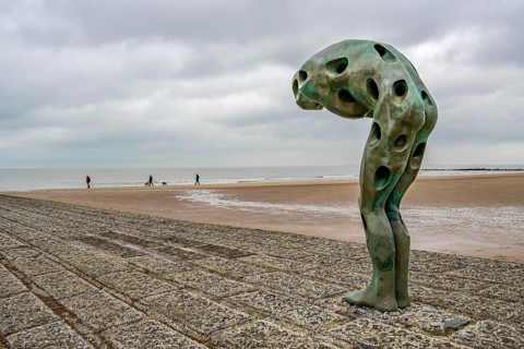 Art on the North Sea beach, in Knokke-Heist, Tomorrow Man by Cathérine François, is washed over by