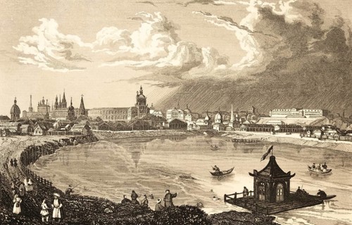 Cityscape of Kazan on the Volga, Republic of Tatarstan, Russia, waterfront, walkers, rowing boats,