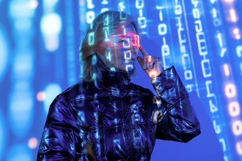 An elderly Asian woman engages with the metaverse, wearing futuristic glasses. She is surrounded by