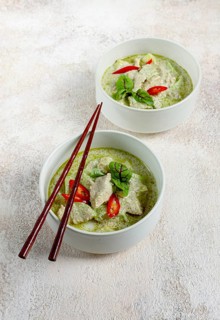 Green curry with chicken, traditional Thai cuisine, Asian food, homemade, no people