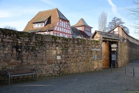 City mill with historic city wall, Babenhausen, Hesse, Germany