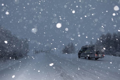 Motorhome in winter when it snows, Finland