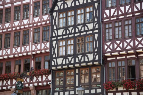 Half-timbered houses on the Ostzeile vom Römerberg, detail, front of houses, Frankfurt am Main,