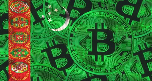 Bitcoins on Turkmenistan flag background. Golden bitcoin coins on Turkmenistan flag background