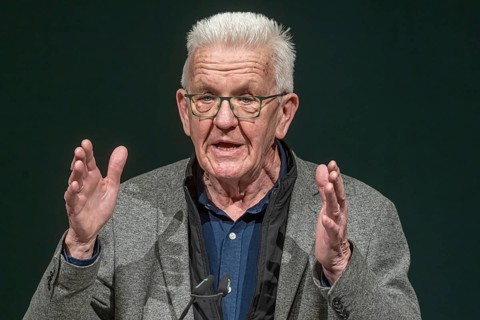 Portrait of Winfried Kretschmann giving a speech. Political Ash Wednesday of the Green Party in