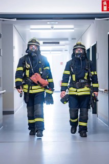 Two firemen in full gear walk down a corridor, fire brigade exercise on blue light day in the new