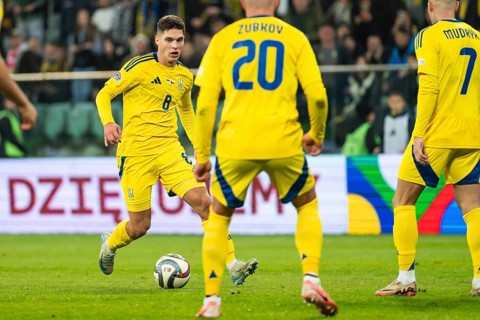 WROCLAW, POLAND - OCTOBER 14, 2024: UEFA Nations League match Ukraine - Czechia. In action Georgiy