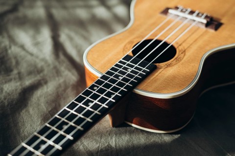 A close-up image of a wooden ukulele resting on a soft fabric surface The warm sunlight casts