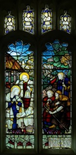 Stained glass window of Nativity by Charles Eamer Kempe, church of Saint Botolph, Burgh, Suffolk,