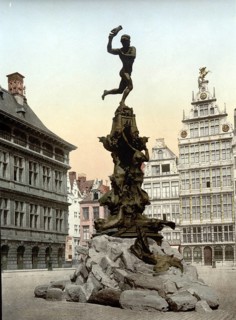 Brabo Fountain, Antwerp, Belgium, ca 1890, Historical, digitally restored reproduction from a 19th