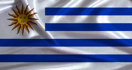 National flag of Uruguay with cloth texture. Uruguay flag with realistic texture background