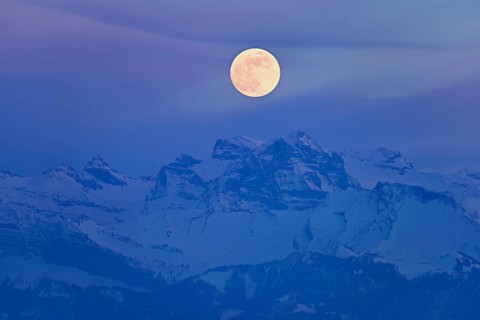 Full moon over the snow-covered Alps, Freiamt, Horben, Lindenberg, Aargau Canton, Switzerland