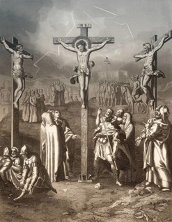 Crucifixion of Jesus, Mount Calvary, Jerusalem, New Testament, steel engraving 1853, digitally