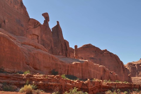 Impressive red rock formations under clear skies, Arches National Park, Utah, USA