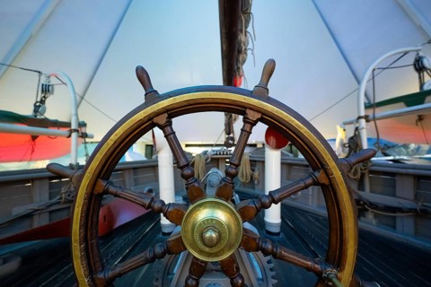 Rudder system, steering wheel, upper deck, historic polar research ship Fram by Fridtjof Nansen and