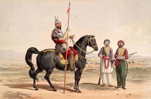 A rider on a black horse with two men in uniform in the background