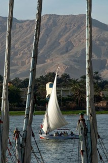 Luxor, Egypt. February 11th 2009 A Felucca sail boat on the River Nile at Luxor, Egypt