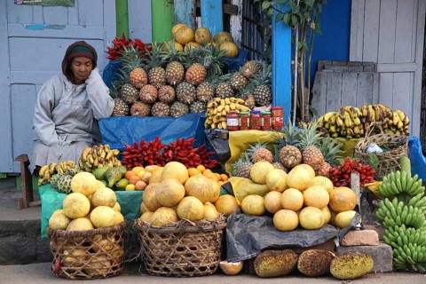Africa, Madagascar, market in Ramonafana, market woman sleeps, market in Ranomafana, Madagascar