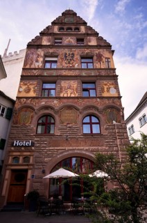 Hotel, restaurant, Graf-Zeppelin-Haus with wall painting, facade painting, Constance,