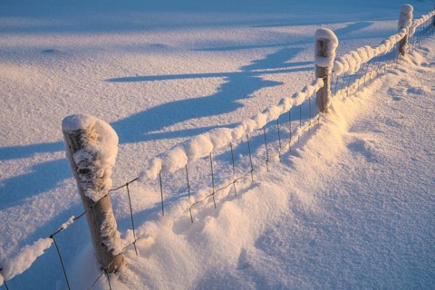 Snowy pasture fence with shadow casting, Alm Övre Kvebergsvangan, Alvdal, Hedmark, Innlandet,
