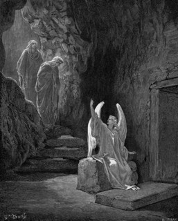 The woman at the empty grave, the angel in front of the grave, Mark chapter 16, verse 5, burial