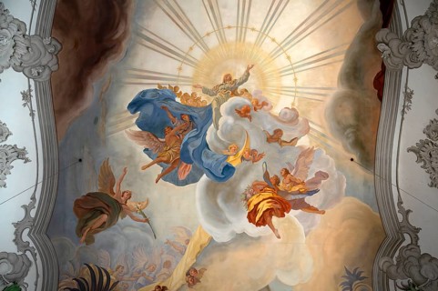 Interior photo, ceiling painting of the nave depicting Mary in the sky, nave, Cathedral of Our
