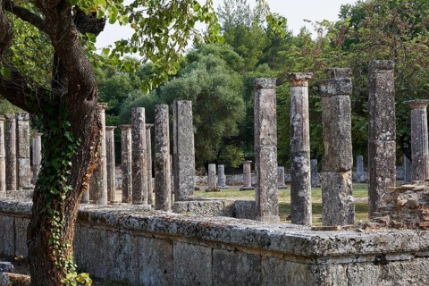 Hera Temple, Heraion, Old Walls with Strung Columns in a Wooded Environment, Archaeological Site,