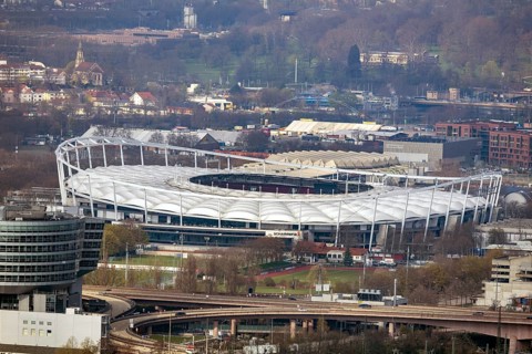 The MHP Arena, home venue of VfB Stuttgart, photographed from the viewpoint on Württemberg
