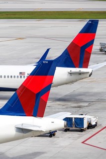 Delta Air Lines aircraft tail units at Fort Lauderdale Airport, USA