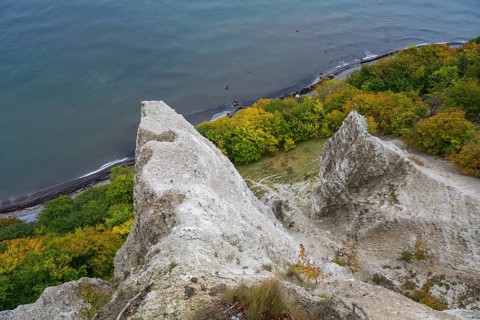 Victoria view of chalk cliffs and Baltic Sea, trees with autumn colors, view down, Jasmund National