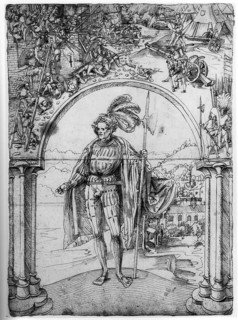 Confederate under an arch with the storming of the Castellazzo fortress, pen and ink drawing, Bern,