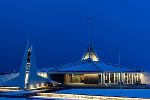 Ytri-Njarðvíkurkirkja, modern church, blue hour, snow, winter, Njarðvík, Iceland, Scandinavia