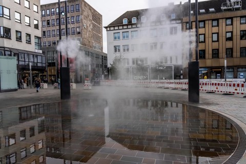 Digital water feature, Blue Cloud water installation on Husemanplatz in downtown Bochum, water mist