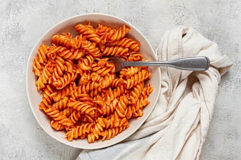 Fusilli pasta dish, made with tomato sauce, homemade, no people