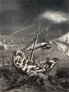 Jesus sleeps in boat during the storm, New Testament, steel engraving 1853, digitally restored