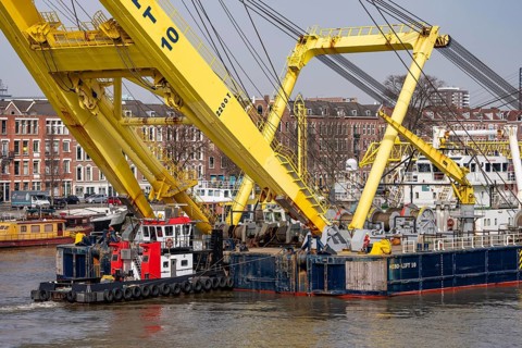 The Hebo Lift 10, supposedly the strongest crane ship in Europe, sails from the Rotterdam inland