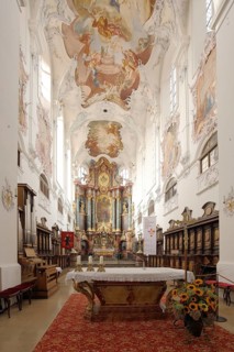 Magnificent frescoes, chancel with decorations, interior view, handicrafts, wall painting, baroque