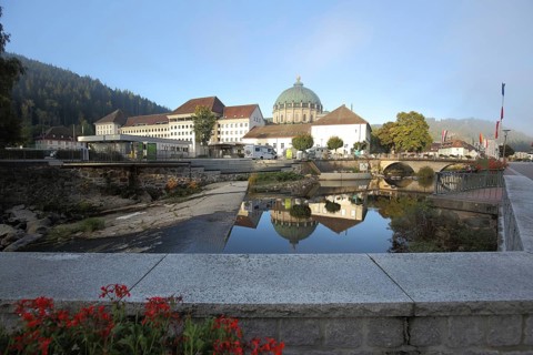 Cityscape with cathedral and reflection in Bach Alb, St. Blasien, Southern Black Forest, Black