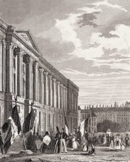 Tomb commemorating the attack on the Louvre, July 1830, Paris, antique steel engraved print, 1831
