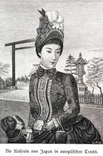 Portrait of the Empress of Japan in European traditional costume, Tokyo, Japan, from front, hat,