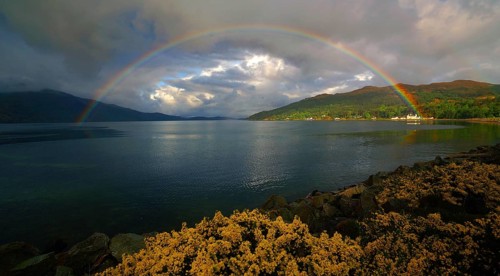 Europe, Scotland, Great Britain, England, landscape, Loch Duich with rainbow, sea bay, Dornie