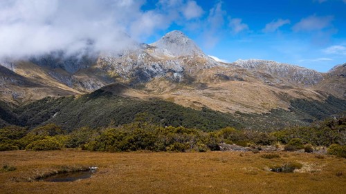 Mountain landscape in New Zealand on the Key Summit Track hiking trail. Fiordland National Park,
