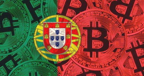 Golden bitcoins on Portugal flag background. Bitcoin coins on Portugal flag background