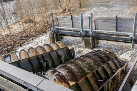 A screw turbine at a small hydro power plant, River Werra, Hannoversch Münden, Lower Saxony,