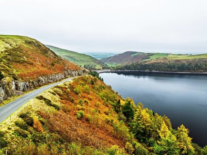 Autumn colours over Llyn Clywedog and Clywedog Reservoir from a drone, Llanidloes, Wales, UK