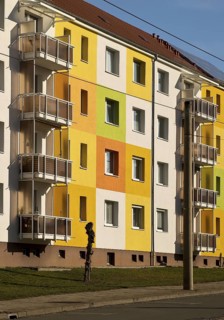 Geometrically and colourfully designed apartment buildings of a housing association, Halberstadt,