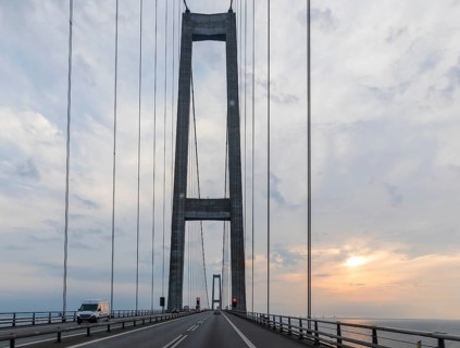 Highway across the Storebelt Bridge, on the East Bridge pylons, Denmark